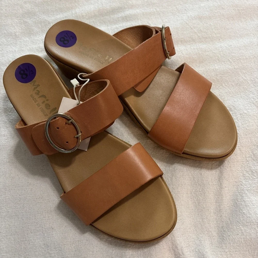 Mariella Tan Leather Open‎ Toe Slip-on Wedge Sandals Buckle Size 8.5 Casual NWT